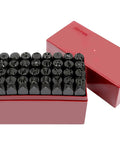 36-piece 3/8-inch steel letter and number punch stamp set with red storage case (front view)