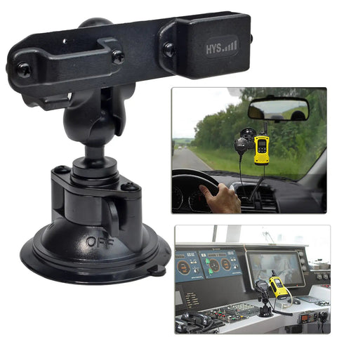 Car Suction Cup Radio Mount for Dashboard or Windshield, Walkie Talkie Holder with two example setups visible