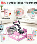 11oz Tumbler Press Attachment for mugs, tumblers, and glass with pink base for sublimation printing.