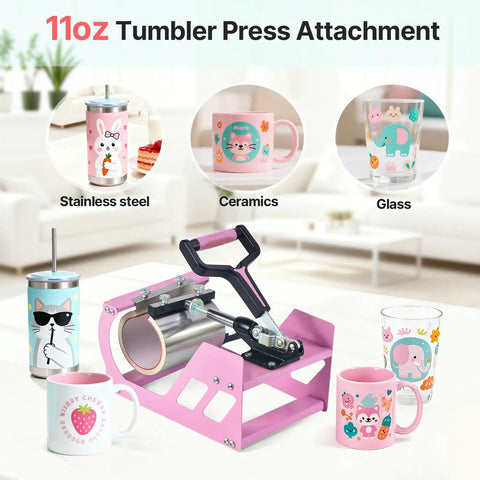 11oz Tumbler Press Attachment for mugs, tumblers, and glass with pink base for sublimation printing.