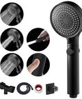 Game Changing Shower Head Kit With Pause Button 3 Setting High Pressure Handheld Shower Removable Head With Hose Adjustable Angled Bracket Low Reach Wand Holder Black Finish with various components displayed