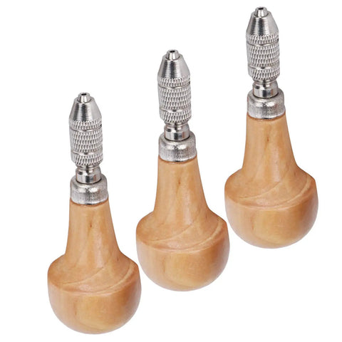 Heavy Duty Three Piece Pin Vise Set Featuring Solid Wood Handle Chuck Gravers Ideal For Jewelry Making Watch Repair And Amazingly Reliable Craft Repairs with metal chuck and wooden handles.