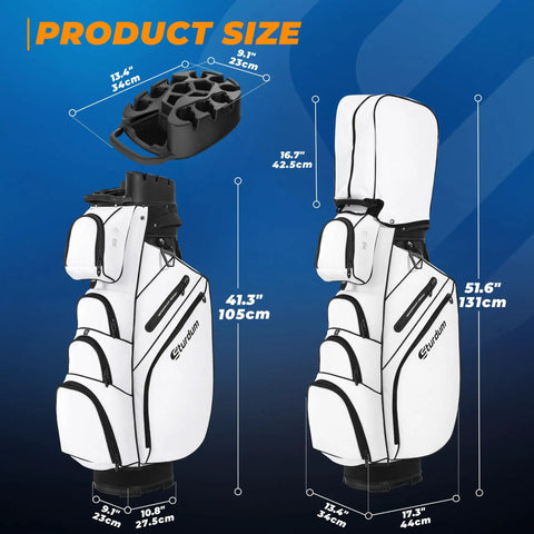 TLock Golf Cart Bag With 14 Way Organizer Full Length Divider Top dimensions on blue background
