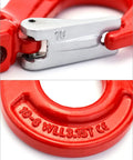 Close-up of 2 Pack Grade 80 Drop Forged Alloy Steel Clevis Sling Hooks With Latch showing details on red steel finish and markings.