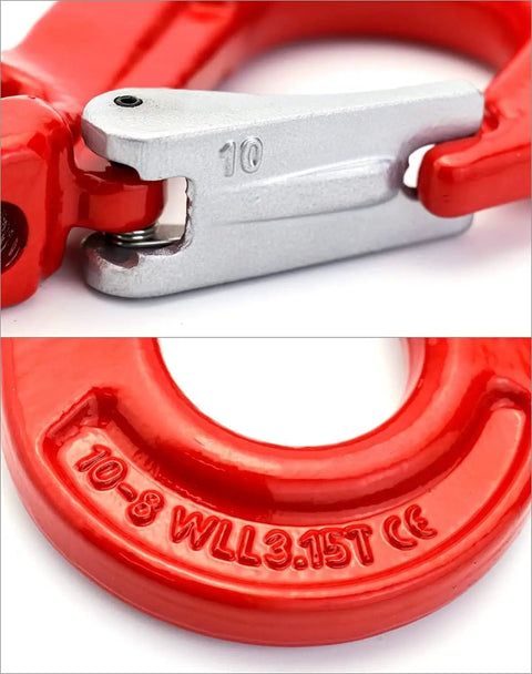 Close-up of 2 Pack Grade 80 Drop Forged Alloy Steel Clevis Sling Hooks With Latch showing details on red steel finish and markings.