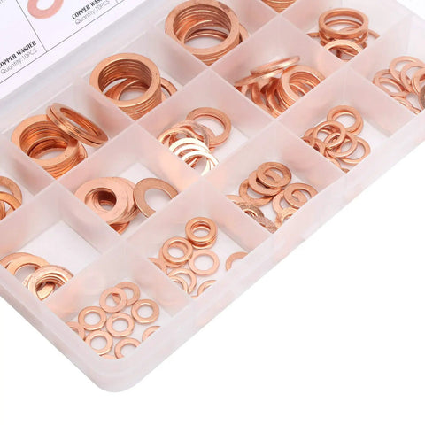 Solid 150 Pack Red Copper Gasket Washers M5 To M22 Perfect For Car Sealing Jobs Oil Water Fuel Hydraulic Connections That Keep You From Leaking Or Stressing No More Drips Just Quality Seals That Last!, assorted washers in organizer box