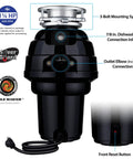 One And A Quarter Horsepower Garbage Disposal With Removable Splash Guard, Attached Power Cord, 3 Bolt Mount, Continuous Feed