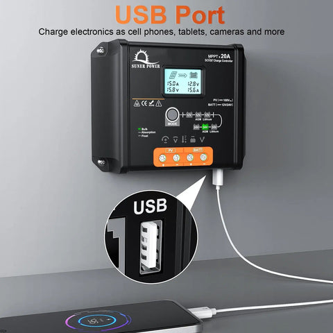 Beefy 30A MPPT Solar Charge Controller With LCD and USB port, showing charging feature on mobile phone.