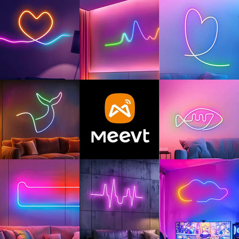 RGB IC Neon Rope Light 20Ft With App And Remote Control, colorful shapes on indoor walls, enhancing room ambiance