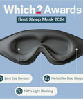 3D Contoured Sleep Mask With Zero Pressure Memory Foam Eyelash Friendly Breathable Blackout For Side Sleepers Travel Ready Award Winning Comfort For Deep All Night Sleep displayed against blue background with award label and features