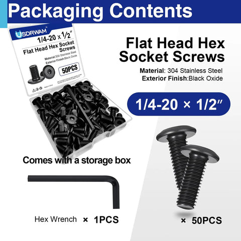 Fifty Count Pack Of 1/4-20 X 1/2 In Flat Head Socket Cap Screws Built Damn Tough With Rust Proof Coating For Kick Butt Garage Builds And Sweet Diy Fixes That Really Bring It Home, featuring stainless steel screws in a storage box.