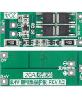 Badass 2S Battery Management Board With Automatic Balance Charging Circuit For 18650 Li Ion And Polymer Packs shown from front and back views, green PCB design.