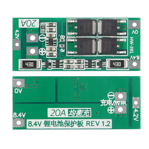 Badass 2S Battery Management Board With Automatic Balance Charging Circuit For 18650 Li Ion And Polymer Packs shown from front and back views, green PCB design.