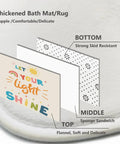 Colorful Quotes Kids Shower Curtain Set With Non Slip Rug, Waterproof 72x72 Inches, Cartoon Inspiring Letters, Easy Care Bathroom Decor For Children, Bright, Fun, Light Shine Theme - close-up view of non-slip rug layers with inspiring quote.