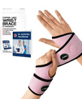 Copper Lined Wrist Support For Carpal Tunnel Arthritis And Tendonitis, No Slip Fit, pink brace shown with handbook
