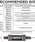 Size chart for Square Taper Bike Bottom Bracket For BSA Threads 68 80 90 100 110 120 110.5 113 116 118 122.5 127 140 152 156 166 174mm Sealed Bearings