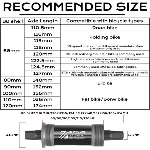 Size chart for Square Taper Bike Bottom Bracket For BSA Threads 68 80 90 100 110 120 110.5 113 116 118 122.5 127 140 152 156 166 174mm Sealed Bearings