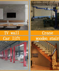 Collage showing a modern TV wall, industrial crane, car lift in garage, and wooden staircase