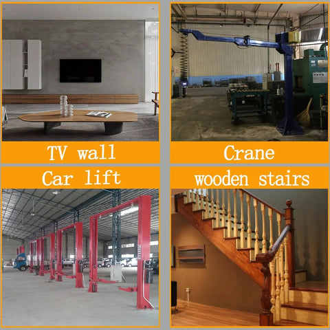 Collage showing a modern TV wall, industrial crane, car lift in garage, and wooden staircase