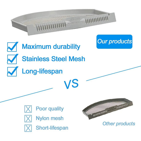 Comparison of Dryer Lint Screen Replacement Fits GTD Series Models with durable stainless steel mesh versus poor quality nylon mesh.