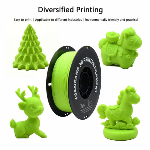 PetG Filament Mega Bundle 16 Color Set 1.75mm 1Kg Spools with green 3D printed figures, showcasing heat-resistant properties.