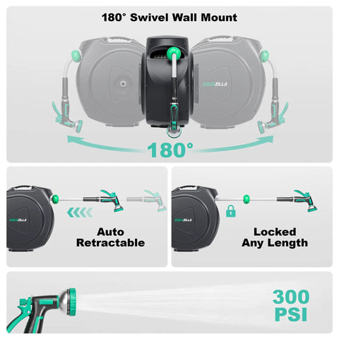 Auto Retractable Garden Hose Reel With One Hundred Feet Of Five Eighth Inch Hose Wall Mount Heavy Duty Build 9 Pattern Nozzle
