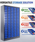 Heavy-Duty Alloy Steel Tool Storage Cabinet With 100 Drawers And Dividers, Nut And Bolt Organizer, shown storing various items.
