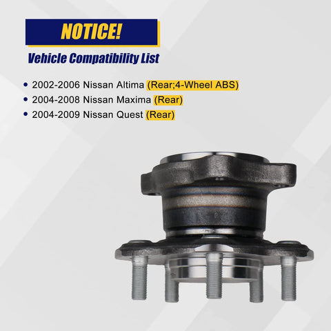 Product image of Rear Wheel Bearing And Hub Assembly OEM Grade 512201 For Nissan Altima 2002-2006 Maxima 2004-2008 Quest 2004-2009 5 Lug With ABS Rear Position Replacement Part Direct Fit.