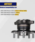 Beefed Up Rear Wheel Bearing And Hub Assembly 2 Pack For Nissan Altima 2002 2006 Quest 2004 2009 Maxima 2004 2008 5 Lug With ABS System Replacement Direct Fit, side view showing compatibility list.