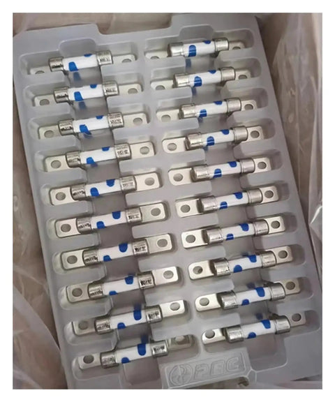 Tough Setup High Voltage Dc Fuse For Electric Cars Rated At Dc450V And 40 Amps pack of 20 blade fuses on tray for EV circuit protection.