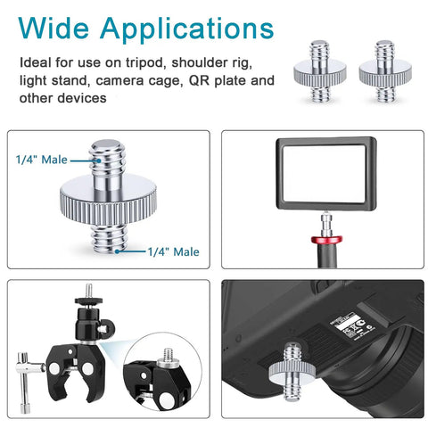 Heavy Duty 1/4 Inch Male To Male Tripod Screw Adapter 2 Pack Built Tough Aluminum Alloy Thread Converter for various devices.