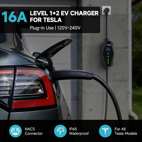 Straight Up Level 1 2 Electric Charger With 25 Foot Extension Cord And Slick Wifi App Tracking Etl Certified Dual Voltage Kit For No Sweat Tesla Nacs Hookups And Hassle Free Driveway Recharging Anytime You Hit The Road, installed on Tesla.