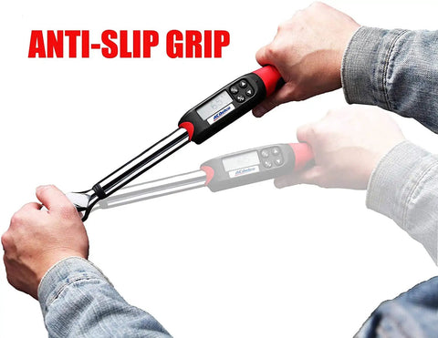 Hands holding Heavy Duty Digital Torque Wrench With Buzzer And LED Alerts For Real Time Torque Readouts In Foot Pounds And Newton Meters