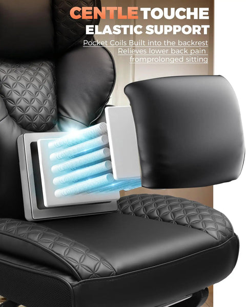 Close-up of lumbar support springs in a big and tall office chair with upgrade footrest for all day comfort.
