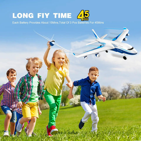 Children playing with Starter Friendly Foam RC Airplane With 3 Batteries, 2.4GHz Long Range Remote outdoors