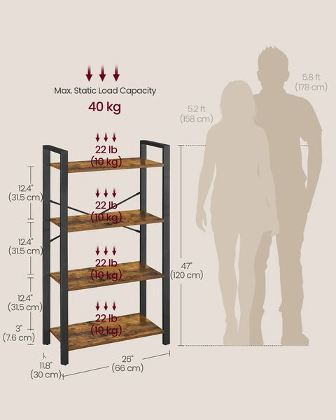 Workhorse Four Tier Bookshelf With Heavy Duty Steel Frame And Chill Rustic Vibe Industrial Storage Rack dimensions and weight capacity.