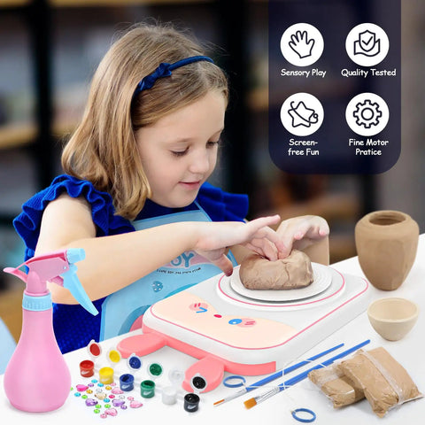 Child using Creative Pottery Wheel Kit For Kids Ages 6-12 With Clay Tools And Painting Set, showing hands-on creative activity.