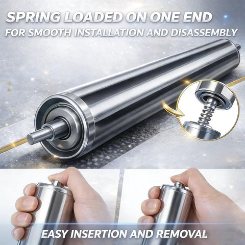 Heavy Duty Conveyor Roller and Mower Replacement, 1.5 Inch Diameter by 25.6 Inches Length with spring-loaded design for easy installation.