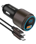 Badass High Speed Type C Car Charger Delivering Slick Dual Port Functionality That Cranks Out A Mean 63W Turbo Charge Via PD 3.0 PPS Quick Adapter For Keeping Devices Fully Juiced On The Road, featuring two USB-C ports.