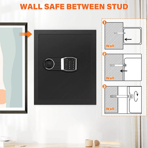 17.71 Inch Fireproof Hidden Wall Safe with Numeric Keypad installed between wall studs for discreet security in home or office.