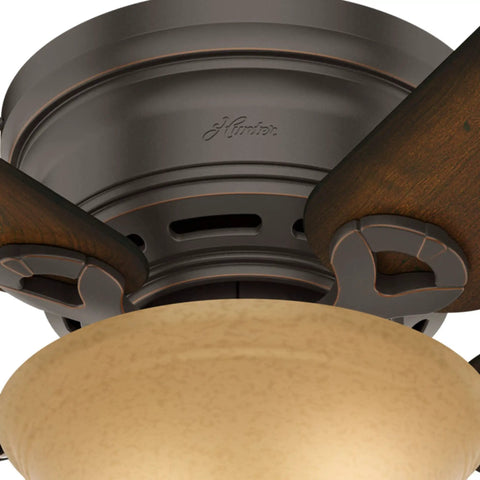 Conroy Onyx Bengal 42 Inch Low Profile Ceiling Fan With LED Light Kit And Pull Chain, detailed view of motor and marble glass globe light