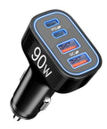 Top Tier Ninety Watt USB C Car Charger With Four Hella Fast Ports angled view showing ports for quick charging.