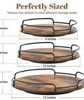 Three wooden Lazy Susan organizers in 9, 10, and 12-inch sizes with metal rims, showing 360-degree rotation for tabletop use.