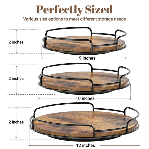 Three wooden Lazy Susan organizers in 9, 10, and 12-inch sizes with metal rims, showing 360-degree rotation for tabletop use.