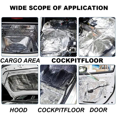 Badass Heavy Duty Heat Shield And Sound Deadening Insulation Mat For Street Car Hood Engine Roof Door Trunk 40 By 60 Inch Foam Core Aluminum Foil Blocker in various car applications including hood and cargo area.