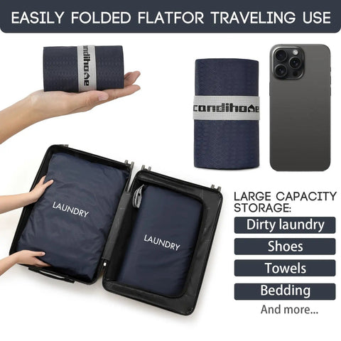 Foldable Waterproof Travel Laundry Bag Set, navy blue wet dry bags folded and packed in suitcase, phone for size reference.