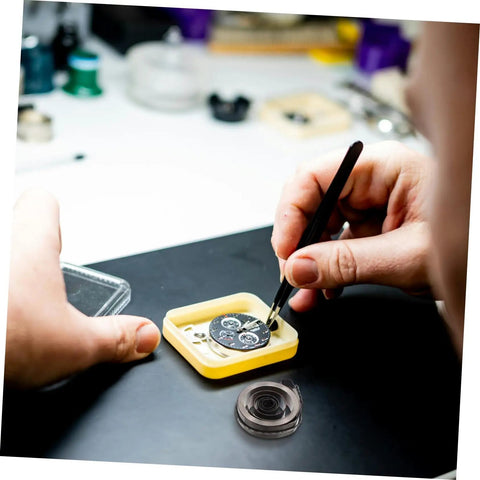 Close-up of clock dial in use with Vintage Mechanical Alarm Clock Repair Kit With Steel Spring Drill Press Quill Pro Grade Components.