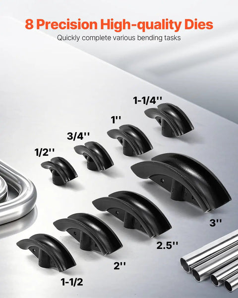 8 Precision Dies for Heavy Duty Manual 16 Ton Hydraulic Pipe Bender, sizes from 1/2' to 3', designed for effective bending.