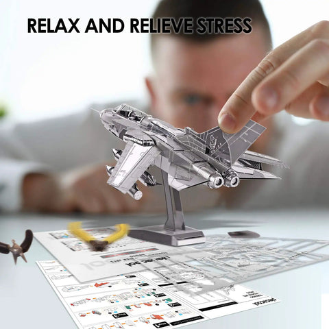 Close-up of assembling 3D Metal Puzzle Tornado Fighter Jet Kit for Adults and Teens, 83-piece DIY Military Aircraft Model Build.