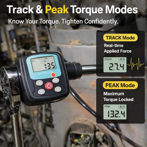 Digital Torque Wrench Adapter Kit With 4-135Nm Range And Electronic Display showing track and peak torque modes for maintenance